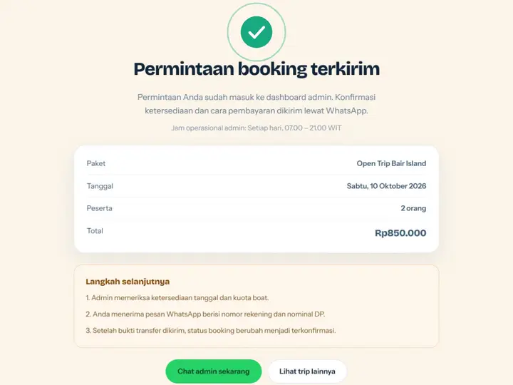 Langkah 3: Booking terkirim + kode — website Renata Tour Kei Island